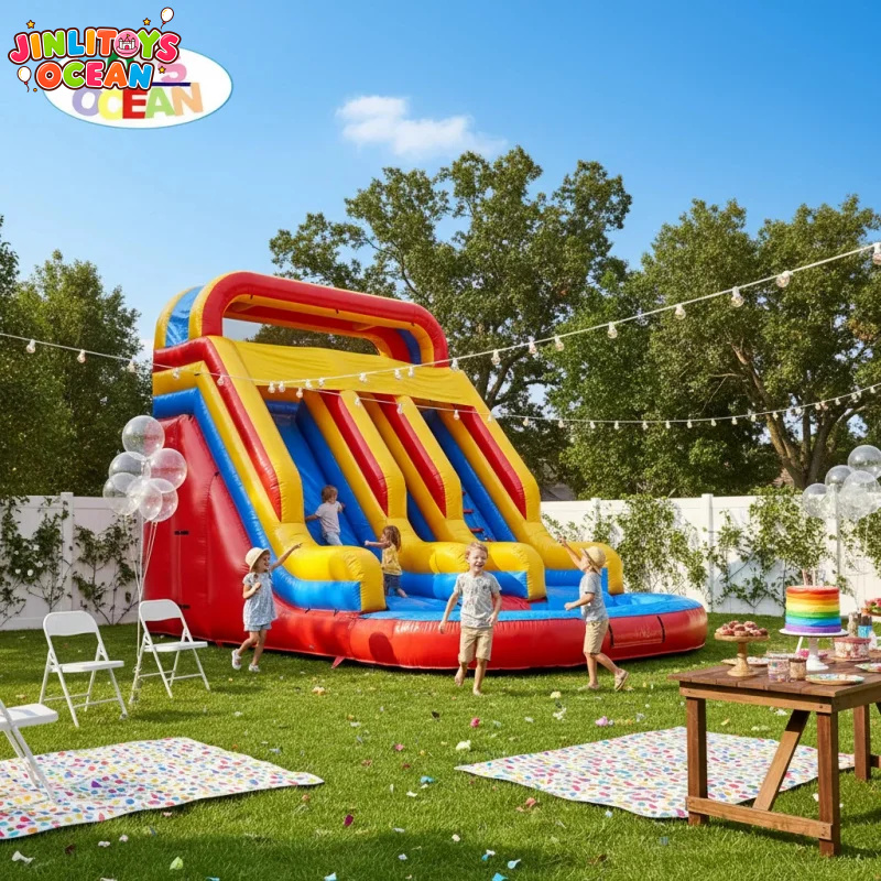 Water Slide Inflatable - Rode Gele Blauwe Drievoudige Baan Opblaasbare